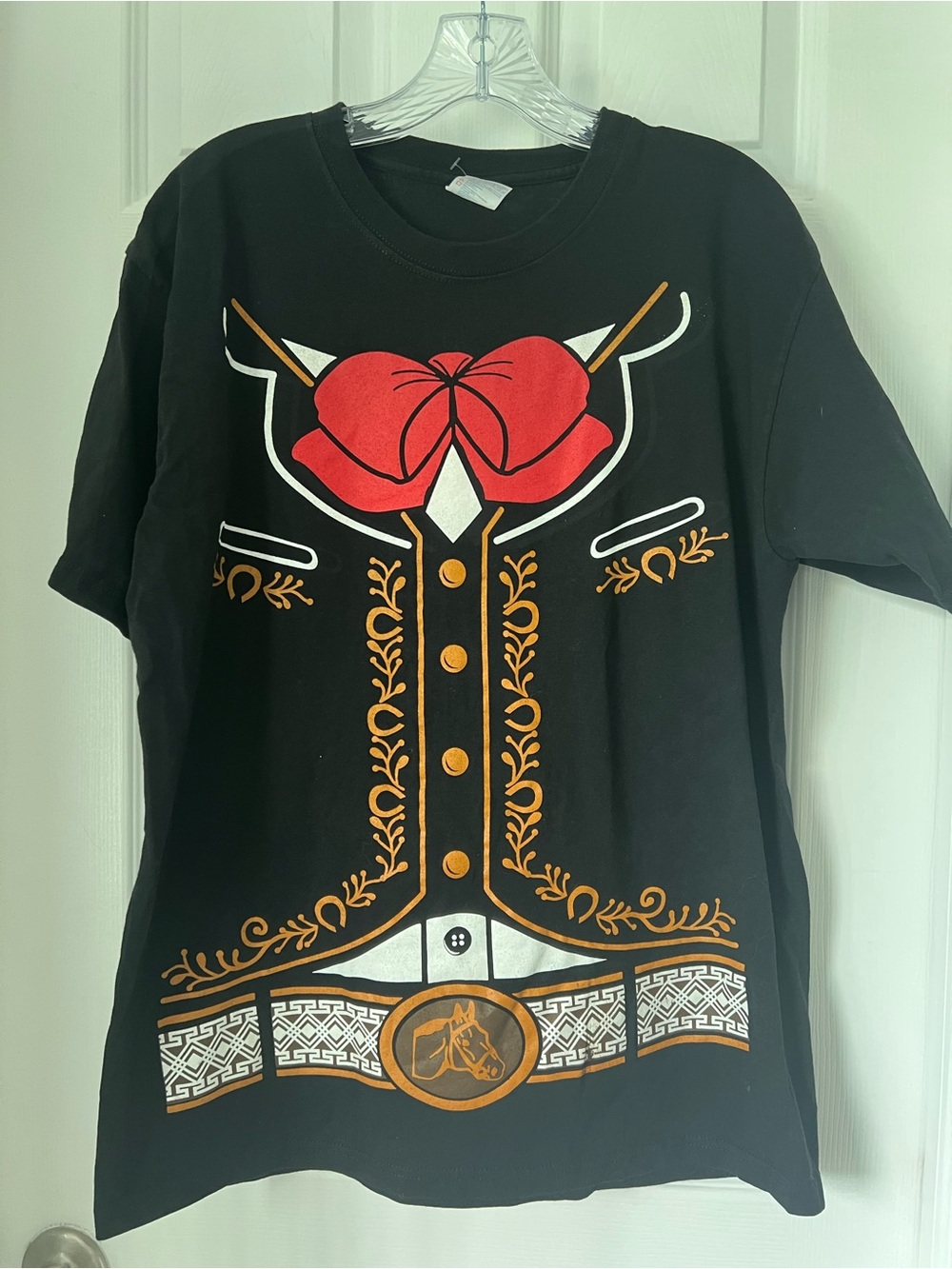 Black Graphic T-Shirt with Red Bow & Gold Western Print